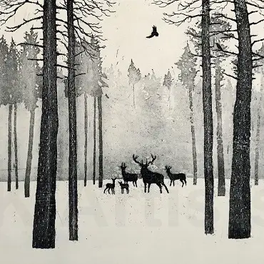 Deer in Winter, screenprint by Tim Southall
